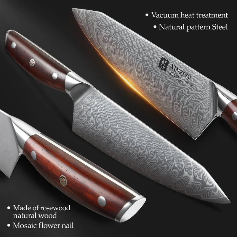 XINZUO 7PCS Kitchen Knives Sets Damascus Steel Chef Knife Sets Stainless Steel Kitchen Scissors  Acacia Wood Knife Block Holder