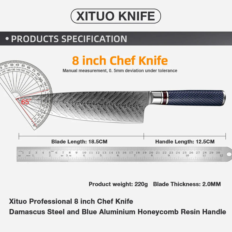 XITUO 8 Inch Chef Knife Damascus Steel VG 10 Sharp Cleaver Paring Vegetable Blue Resin Honeycomb Handle Household Kitchen Knives