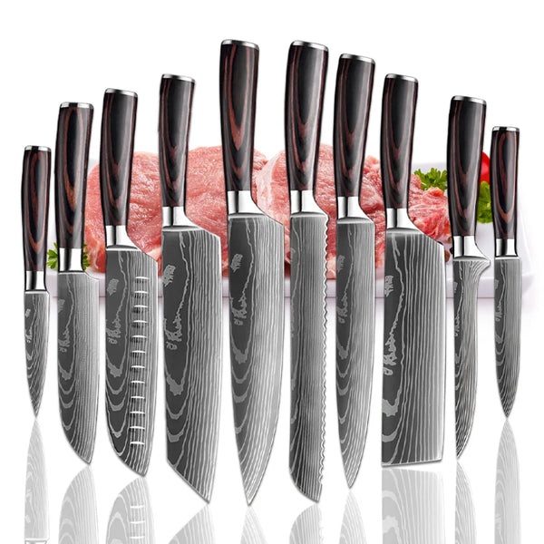 Japanese Knife Set Laser Damascus Pattern Sharp Kitchen Knives Santoku Cleaver Meat Fish Slicing Knife Utility Chef Cooking Tool