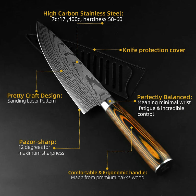 Kitchen Knife Set Chef Knives Japanese 7CR17 440C High Carbon Stainless Steel Imitation Damascus Sanding Laser Knife