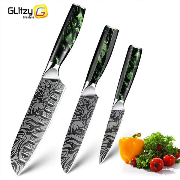 Kitchen Knives Damascus Steel Laser Japanese Pro Chef Knife Resin Handle 7CR17 440C Stainless Steel Butcher Knife Cooking Tools