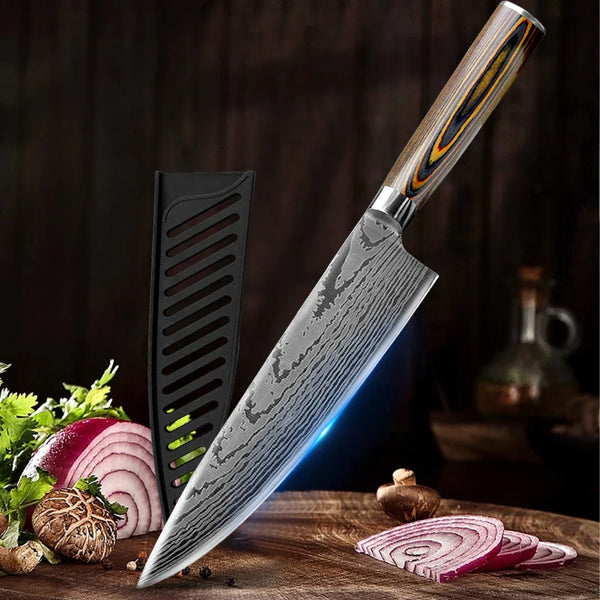 Kitchen Knife Set Chef Knives Japanese 7CR17 440C High Carbon Stainless Steel Imitation Damascus Sanding Laser Knife