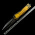 Microtech Combat Troodon D/E Fluted Ultem Signature Series – Transparent Amber Top Handle & Firing Button – Black DLC Premium D2 Double-Edged Tactical OTF Automatic Knife