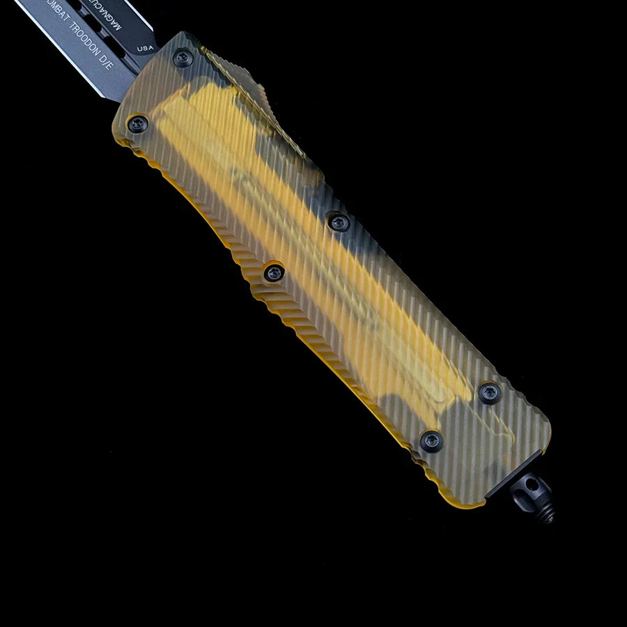 Microtech Combat Troodon D/E Fluted Ultem Signature Series – Transparent Amber Top Handle & Firing Button – Black DLC Premium D2 Double-Edged Tactical OTF Automatic Knife