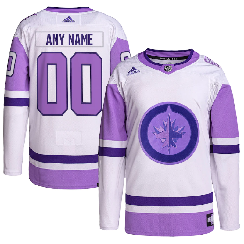 Winnipeg Jets Hockey Fights Cancer Primegreen Custom Jersey- White/Purple - Jersey Teams World
