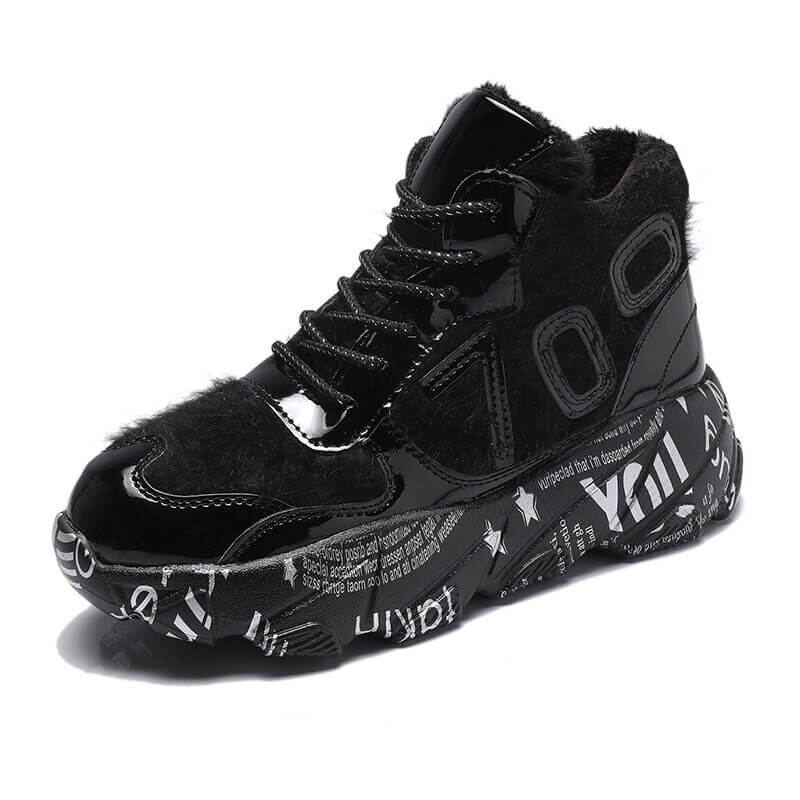 Furry Chunky Sneakers Women Graffiti Sole Winter Shoes
