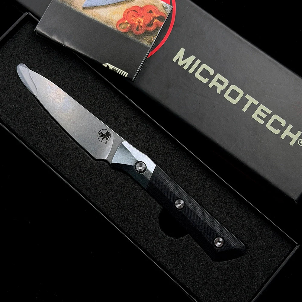 Microtech Steak Knife Premium Kitchen Fixed Blade – 3.74" M390 Super Steel Stonewashed Blade – Ergonomic G10 & Aluminum Alloy Handle Luxury Culinary Tool