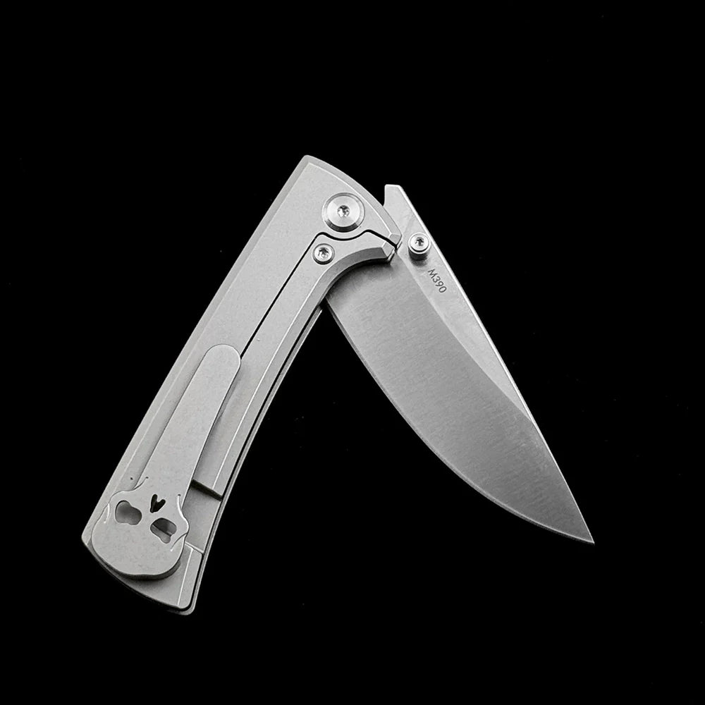 Chaves Knives RCK9 Folding Knife – 3.25" M390 Belt Satin Drop Point Blade with Stonewashed Titanium Handles