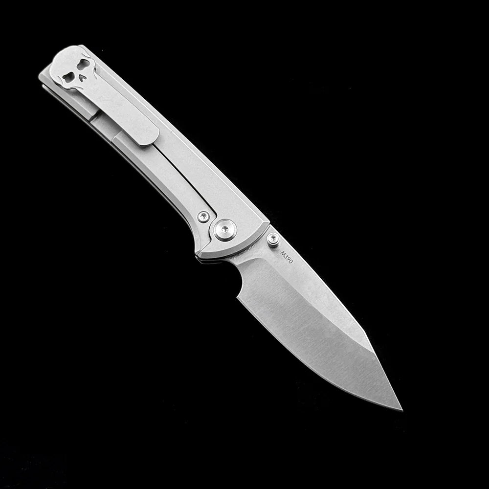 Chaves Knives Scapegoat Street Folding Knife – 3.39" M390 Satin Clip Point Blade with Stonewashed Titanium Handles