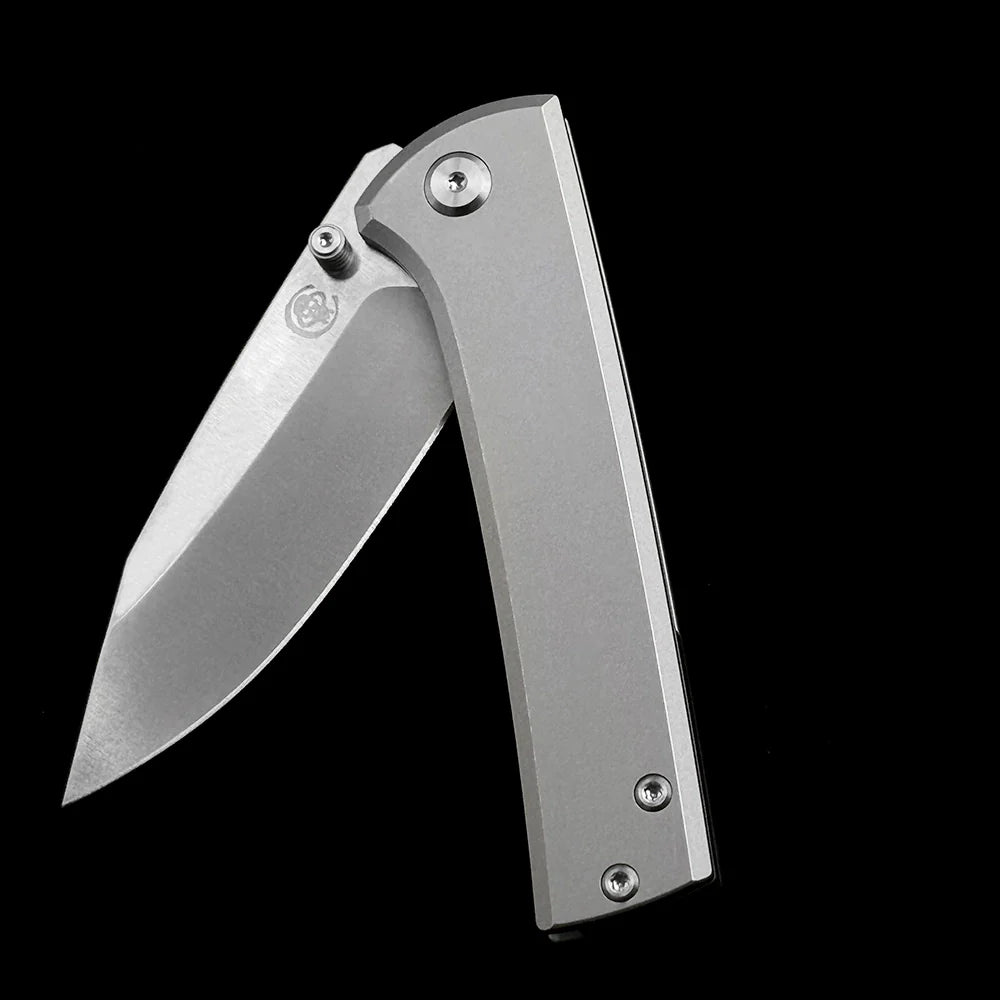 Chaves Knives Scapegoat Street Folding Knife – 3.39" M390 Satin Clip Point Blade with Stonewashed Titanium Handles