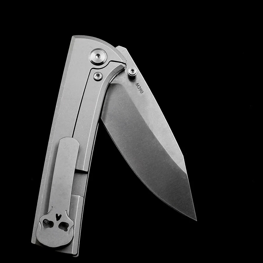 Chaves Knives Scapegoat Street Folding Knife – 3.39" M390 Satin Clip Point Blade with Stonewashed Titanium Handles