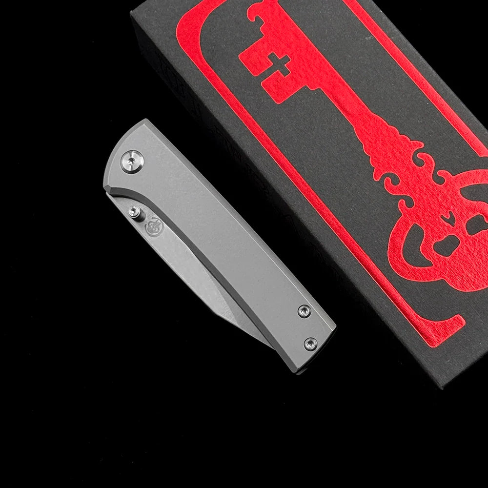Chaves Knives Scapegoat Street Folding Knife – 3.39" M390 Satin Clip Point Blade with Stonewashed Titanium Handles