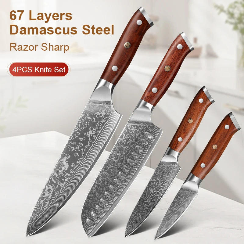 KnivesCollection™ | 4-Piece Damascus Steel Kitchen Set | VG10 Core & Rosewood Handles