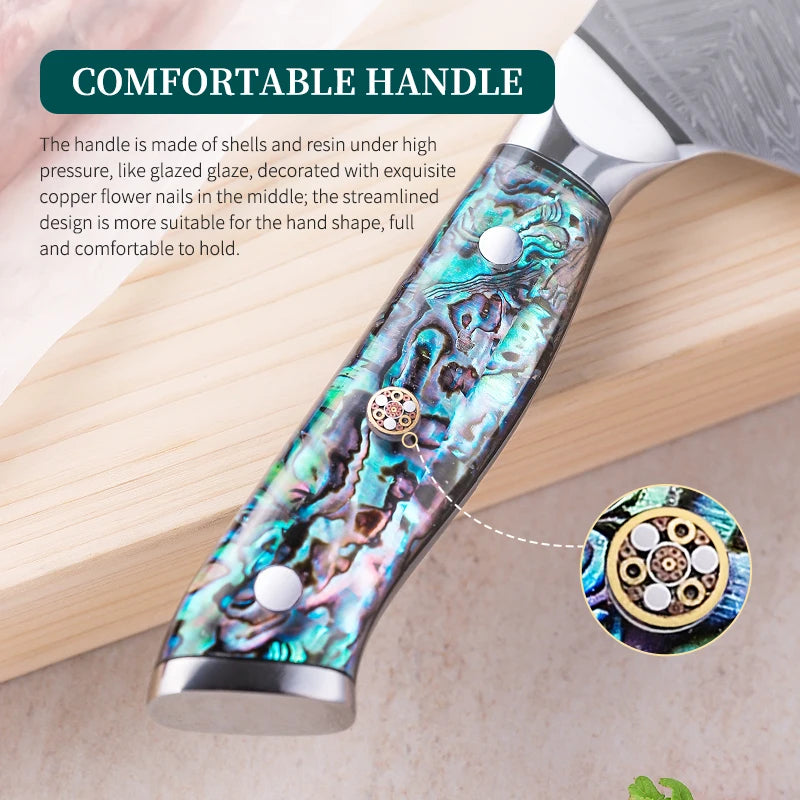 KnivesCollection™ 7" Damascus Santoku Knife – Japanese Kitchen Chef Knife with Abalone Shell Handle