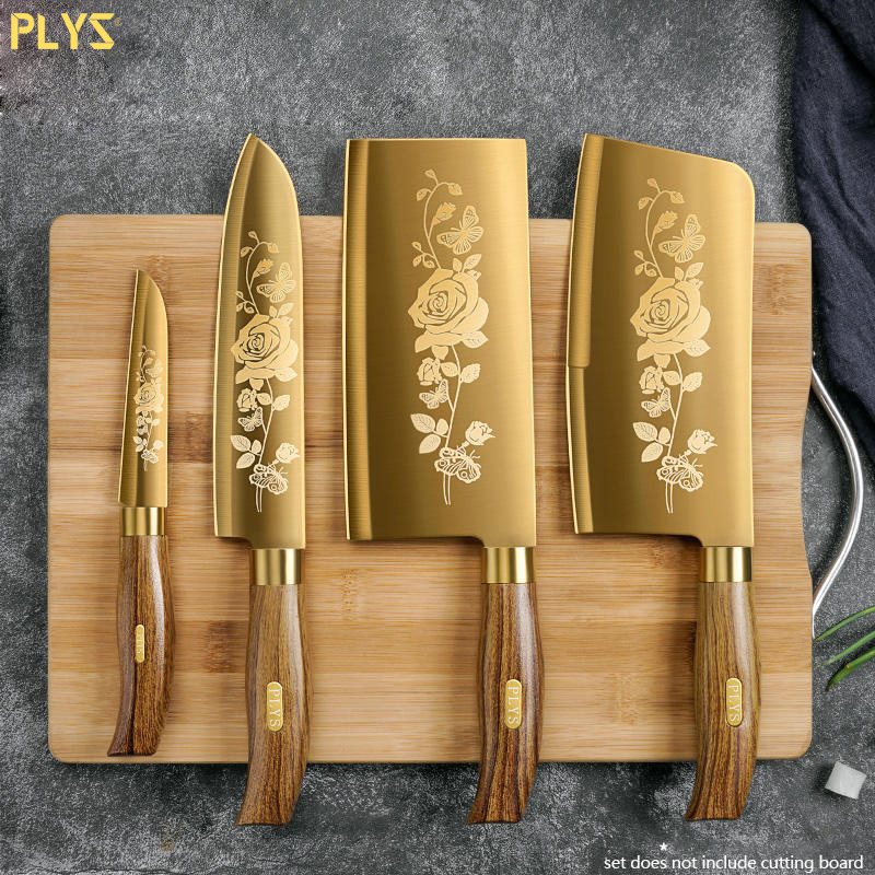 Luxury Gold Kitchen Knife Set Stainless Steel Blade with Golden Titanium