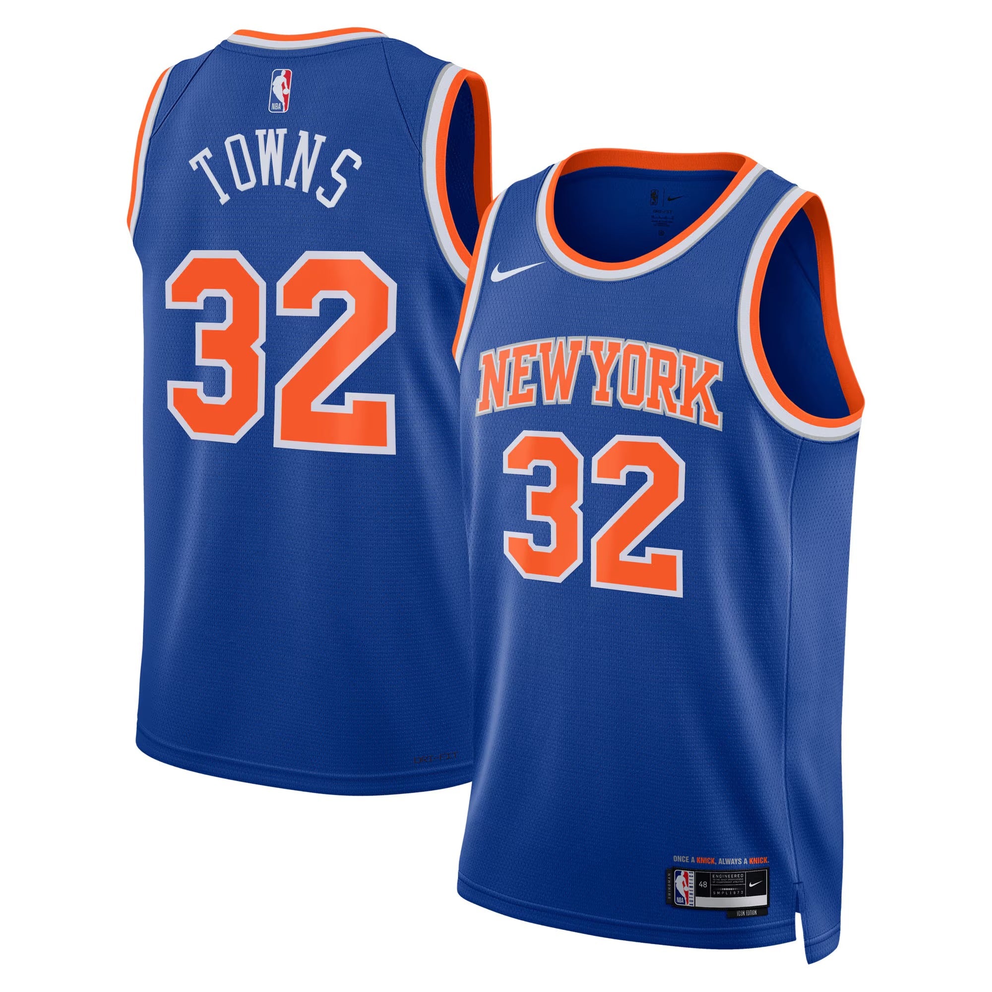New York Basketball Jersey #32 – Icon Blue Edition – Personalized Name & Number (Towns)