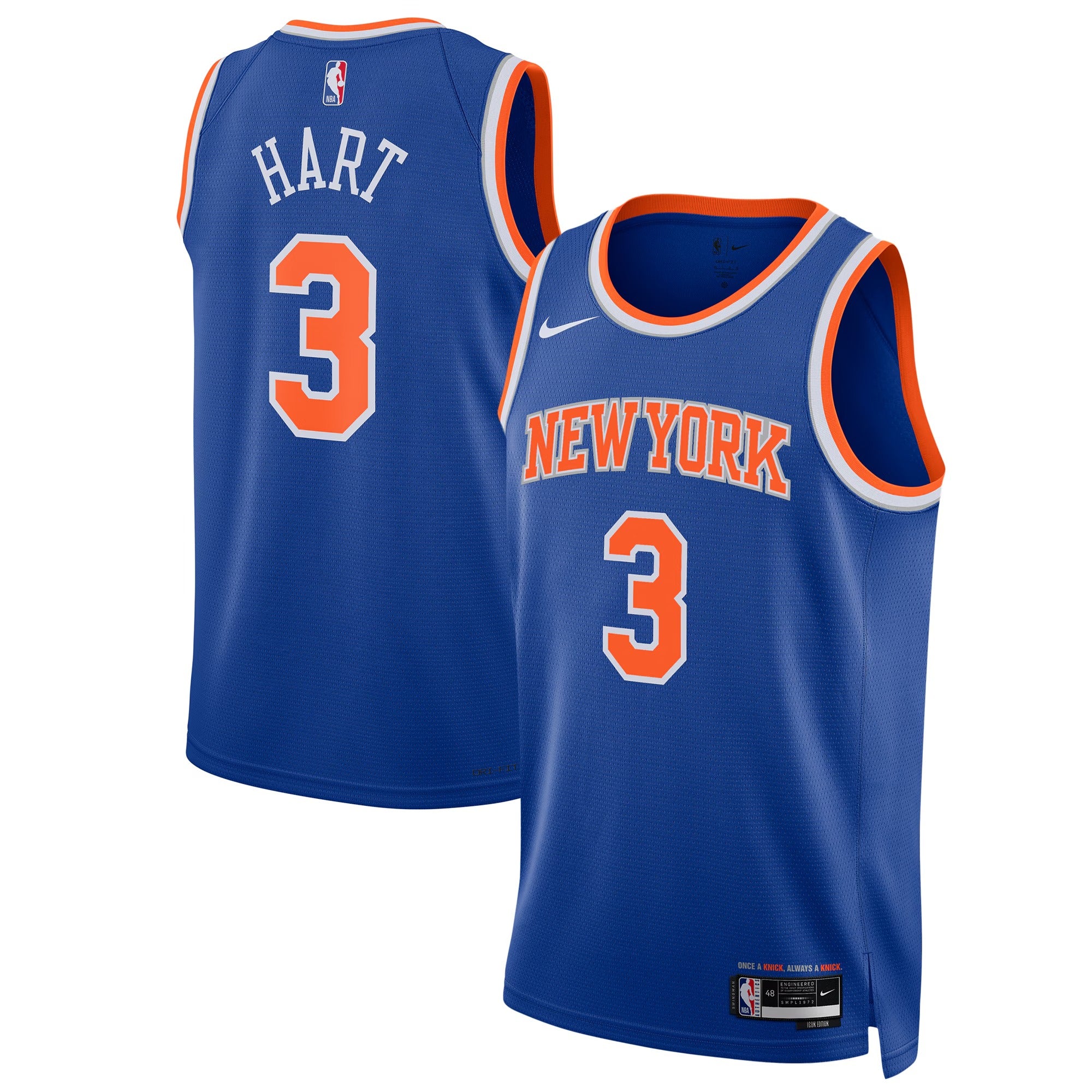 New York Basketball Jersey #3 – Icon Blue Edition – Personalized Name & Number (Hart)