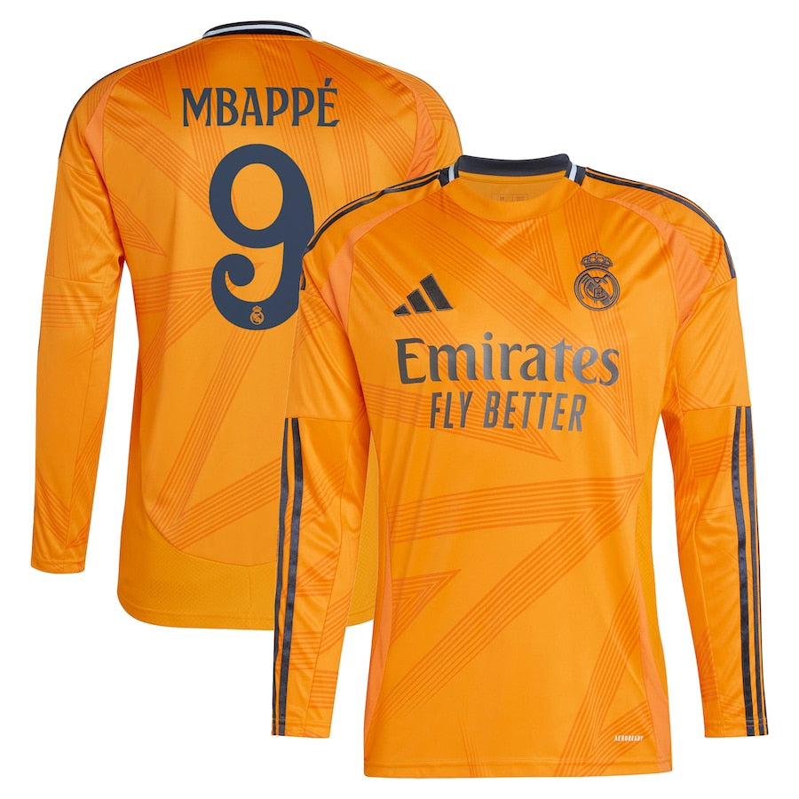 Real Madrid adidas 2024/25 Away Long Sleeve Player Kylian Mbappé  9 Authentic T-shirt - Orange