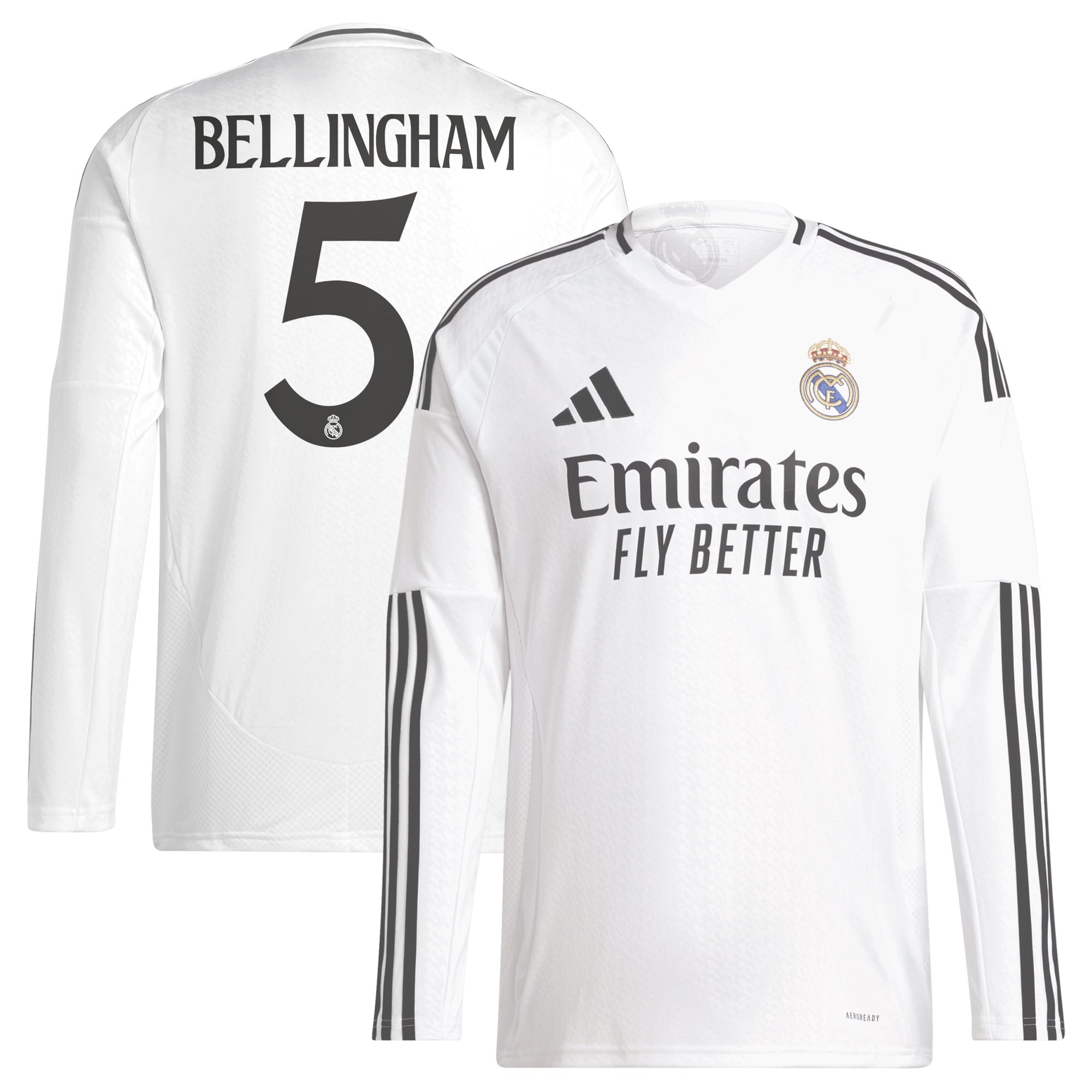 Real Madrid adidas 2024/25 Home Long Sleeve Jude Bellingham 5 Player Authentic T-shirt - White
