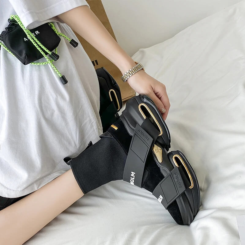 ADBOOV 202 New Fashion High Top Sock Sneakers Women Thick Sole Platform Casual Shoes Ladies Genuine Leather Slip On Sock Boots F