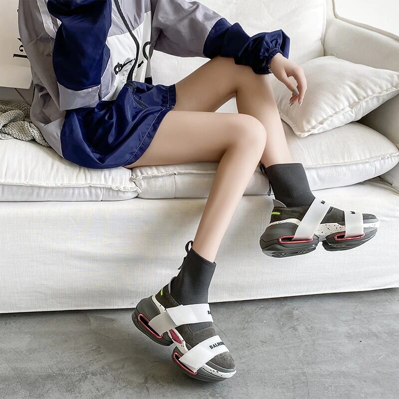 ADBOOV 202 New Fashion High Top Sock Sneakers Women Thick Sole Platform Casual Shoes Ladies Genuine Leather Slip On Sock Boots F