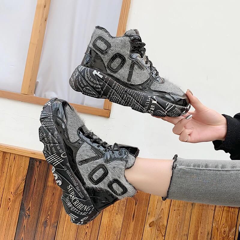 Furry Chunky Sneakers Women Graffiti Sole Winter Shoes