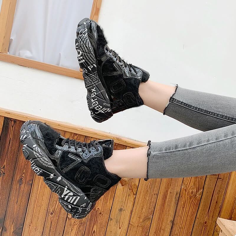 Furry Chunky Sneakers Women Graffiti Sole Winter Shoes