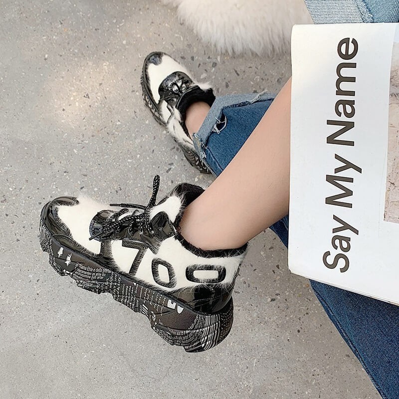 Furry Chunky Sneakers Women Graffiti Sole Winter Shoes