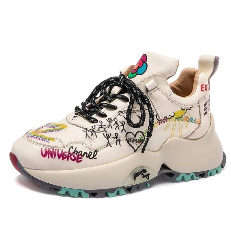 women Nevada Genuine Leather Chunky Sneakers Graffiti Fashion Platform Casual Shoes Ladies