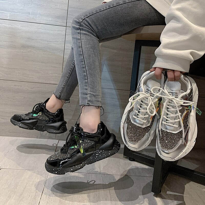 Women Nevada Rhinestone Sneaker Fashion Casual Chunky Shoe. Black Zapatos De Mujer