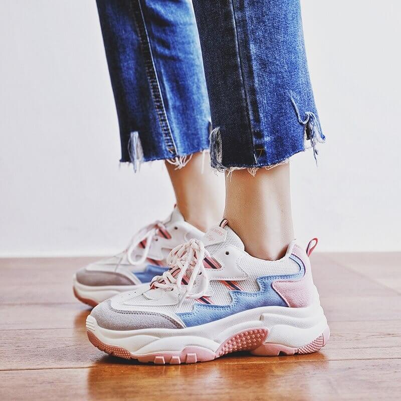 Women nevada Suede Leather Mesh Platform Chunky Sneaker.