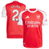 William Saliba Arsenal jersey 2025 by adidas in red and white with sponsor Emirates Fly Better