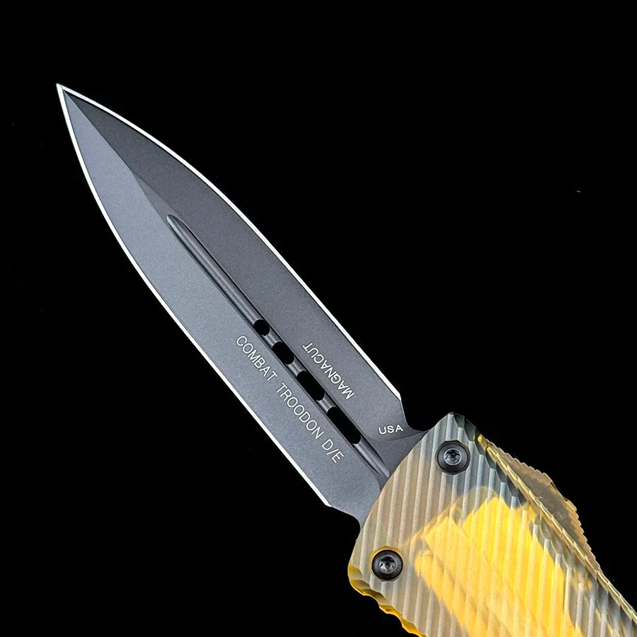 Microtech Combat Troodon D/E Fluted Ultem Signature Series – Transparent Amber Top Handle & Firing Button – Black DLC Premium D2 Double-Edged Tactical OTF Automatic Knife