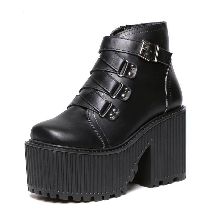 Leather Round Toe High Heel Boots Women Shoes Buckle Rubber Sole Black Platform Shoes Autumn Ankle
