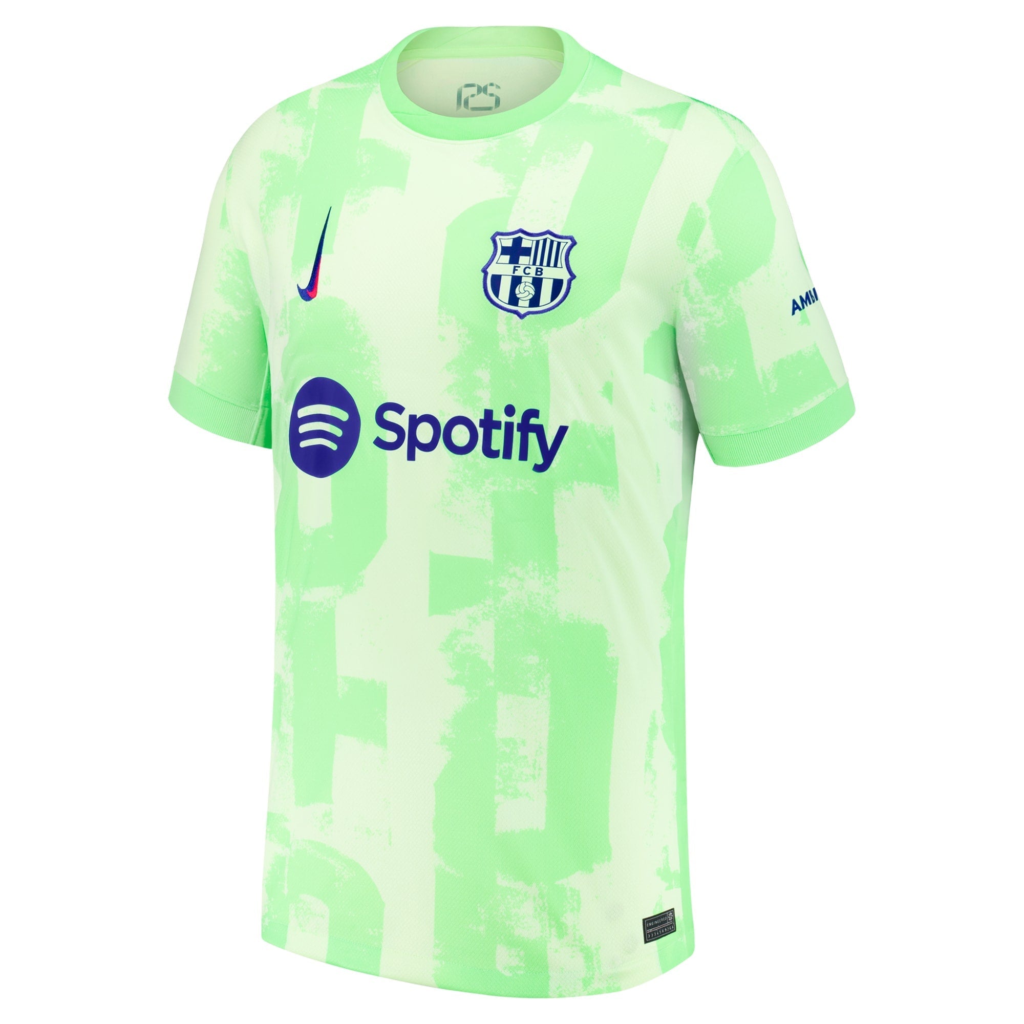 Nike Messi Barcelona 2025 jersey in light green with Spotify logo and club crest