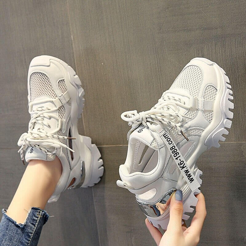 Hollow Summer Sneakers Women Fashion Casual Shoes Genuine Leather Platform Chunky Sneakers Ladies Lace-Up Women Shoes Wedges