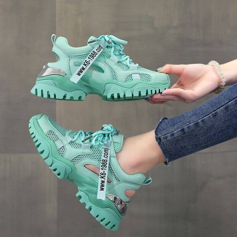 Hollow Summer Sneakers Women Fashion Casual Shoes Genuine Leather Platform Chunky Sneakers Ladies Lace-Up Women Shoes Wedges